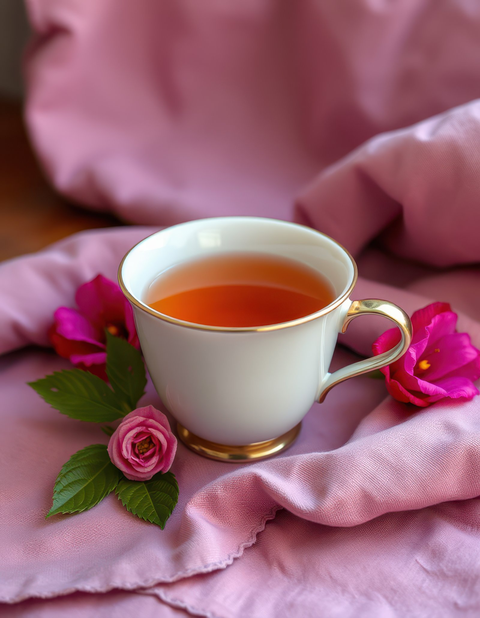 Warm herbal tea in an elegant cup surrounded by pink flowers on soft fabric